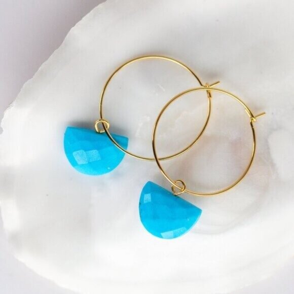 Faceted Turquoise Hoop Earrings – 18K Gold PVD Stainless Steel, Waterproof, Hypo - Picture 5 of 6
